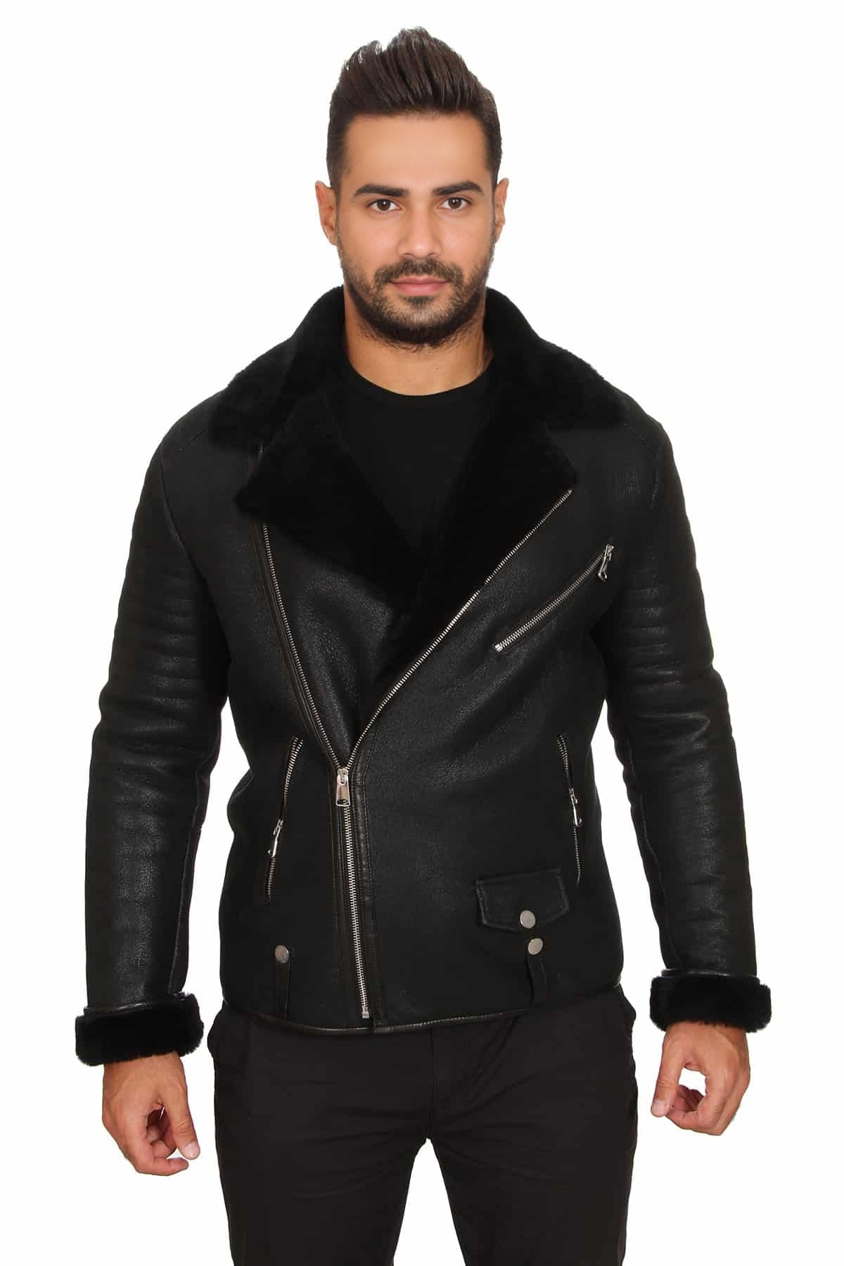 Theodore Black Fur Collar Leather Jacket For Men