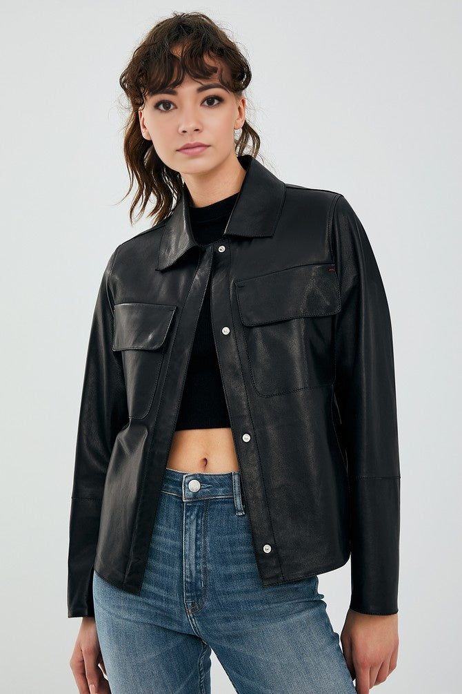 WOMEN BLACK LEATHER JACKET BUTTON CLOSER