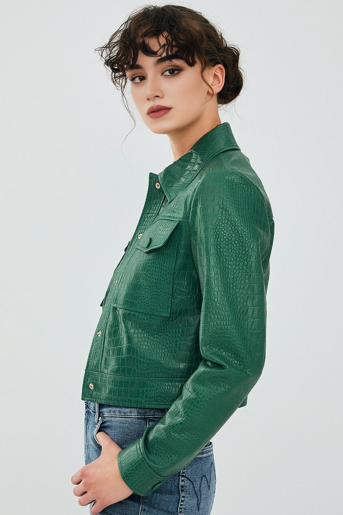Green Tina Leather Jacket For Women's