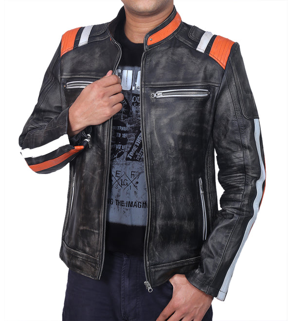 Retro Black Distressed Leather Jacket For Men