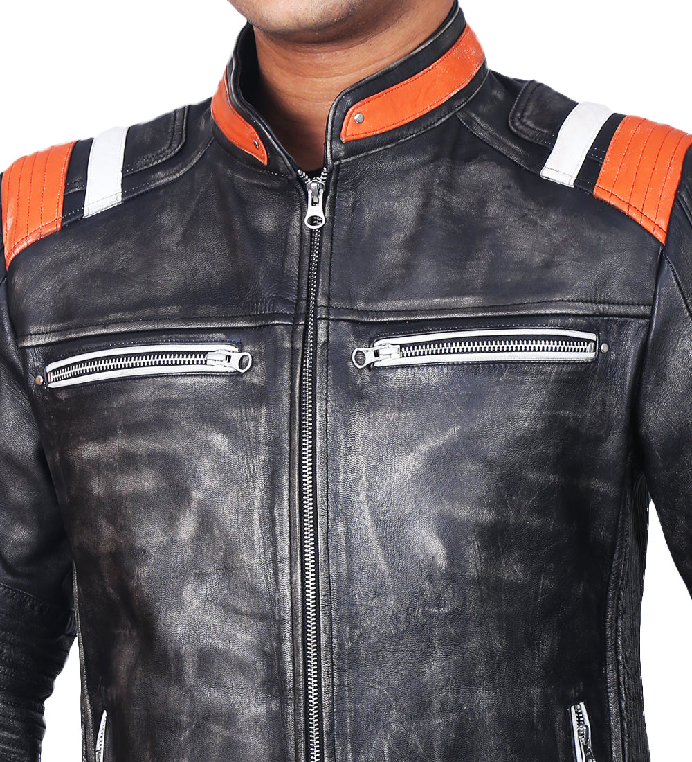Retro Black Distressed Leather Jacket For Men