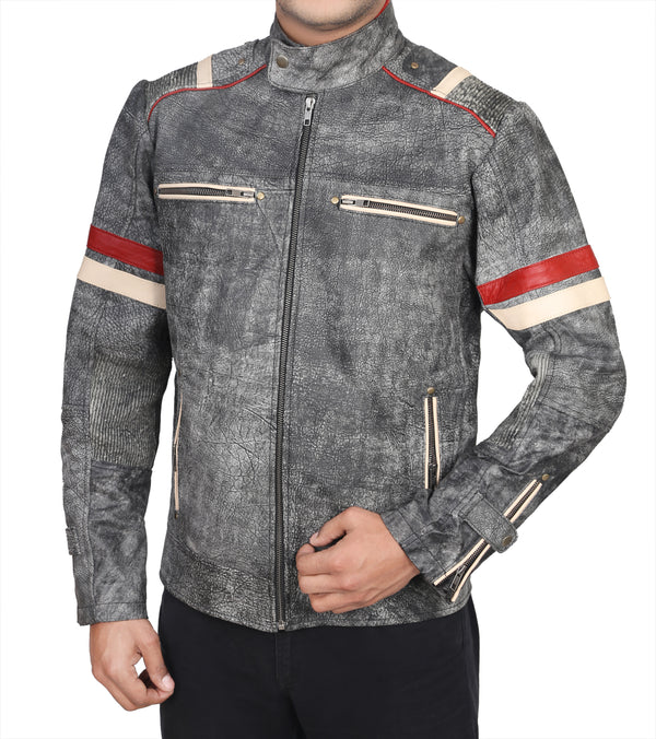 Retro Distressed Grey Leather Jacket for Men