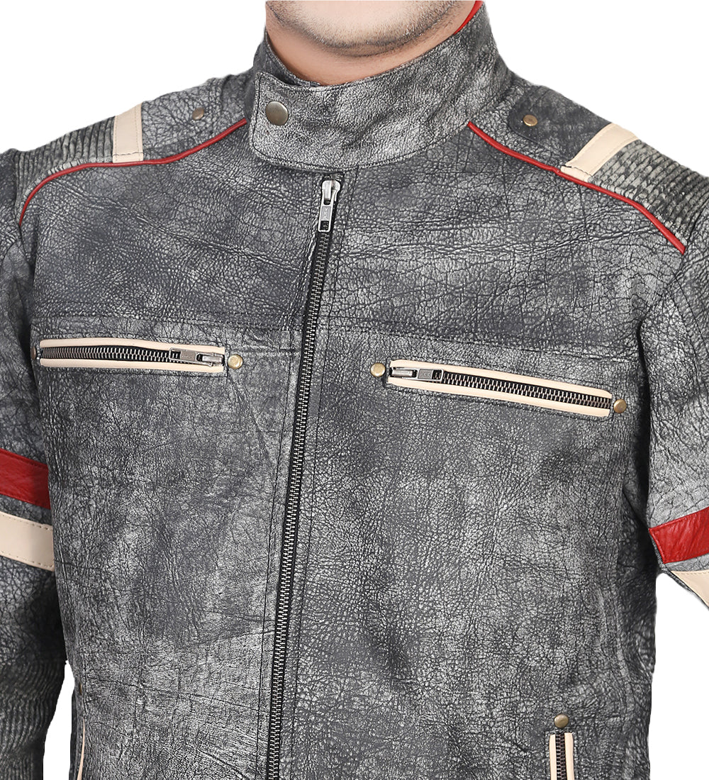 Retro Distressed Grey Leather Jacket for Men