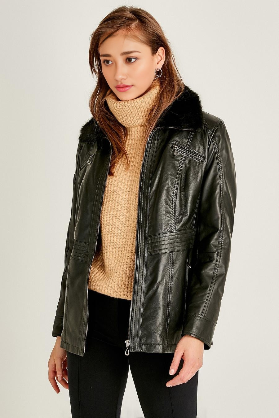Rachel Black Fur Collar Women Leather Jacket