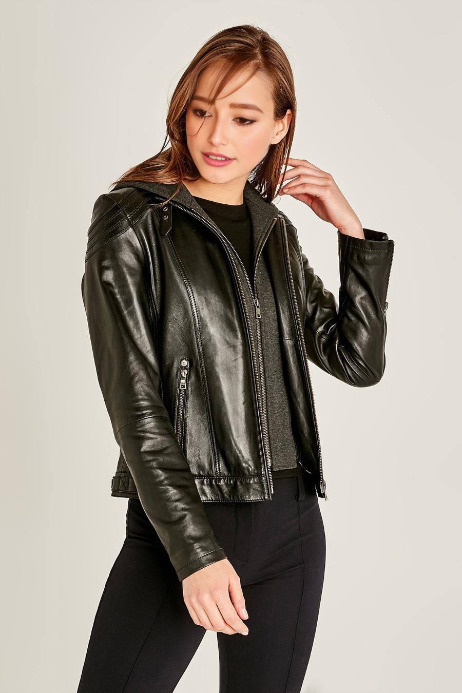 Vegas Black Motor Bike Leather Jacket With Hood For Women