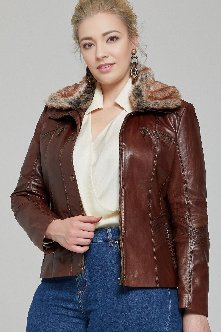 Women Dark Brown Chestnut Leather Jacket with Fur Collar