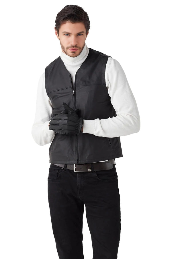 Caspian Black Leather Vest For Men