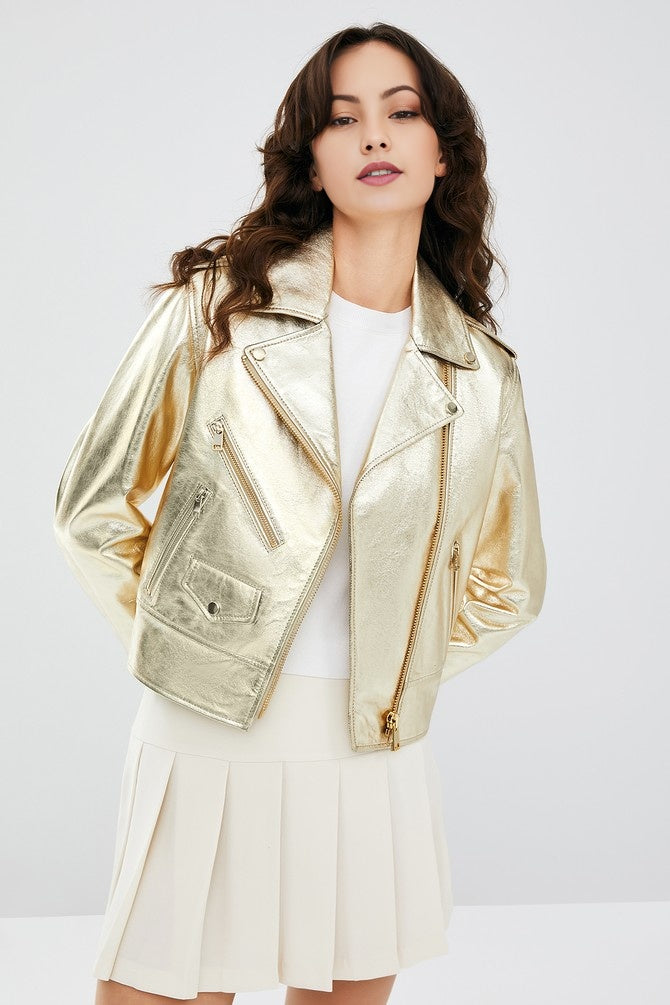 Lady Brando Golden Biker Leather Jacket