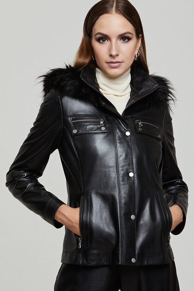 Isabella Black Sheepskin Leather Jacket