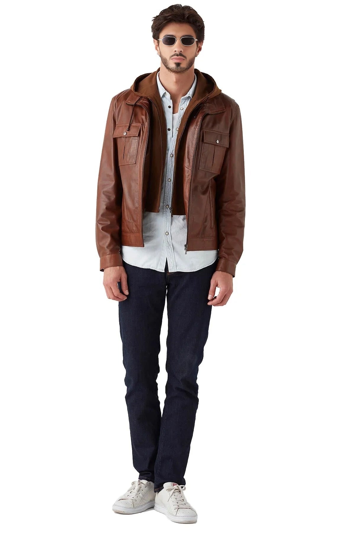 Tyler Brown Shirt Hood leather Jacket For Men