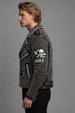Men's Studded Leather Jacket Punk Skull UV Printed Coat