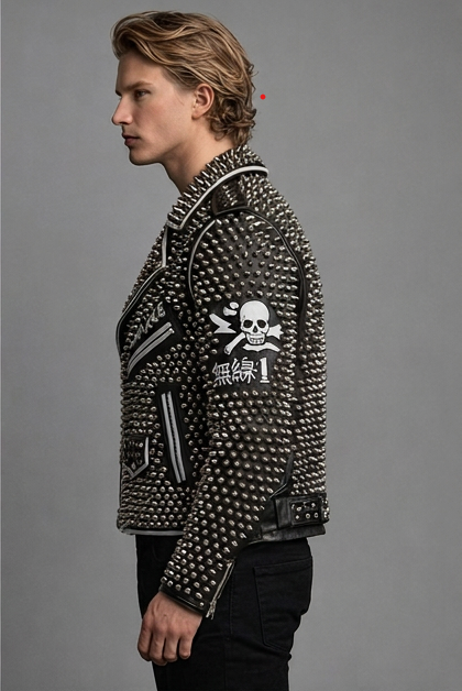 Men's Studded Leather Jacket Punk Skull UV Printed Coat