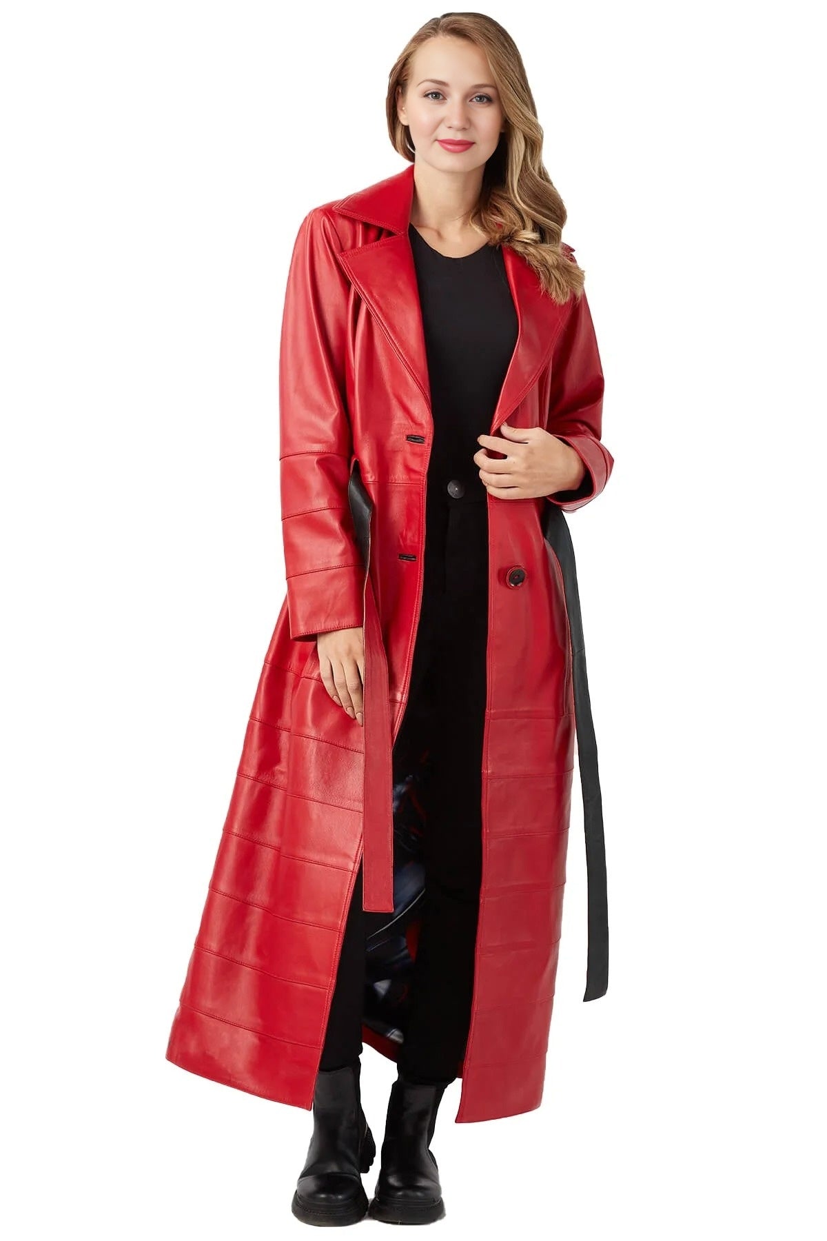 Rose Red Long Leather Coat With Center Belt For Women