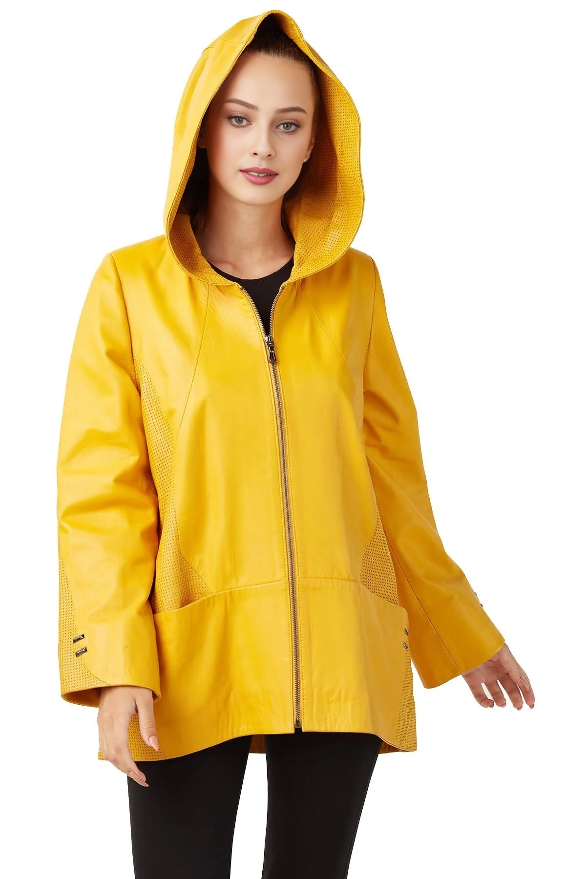 Rihanna Yellow Leather Coat With Hood For Women