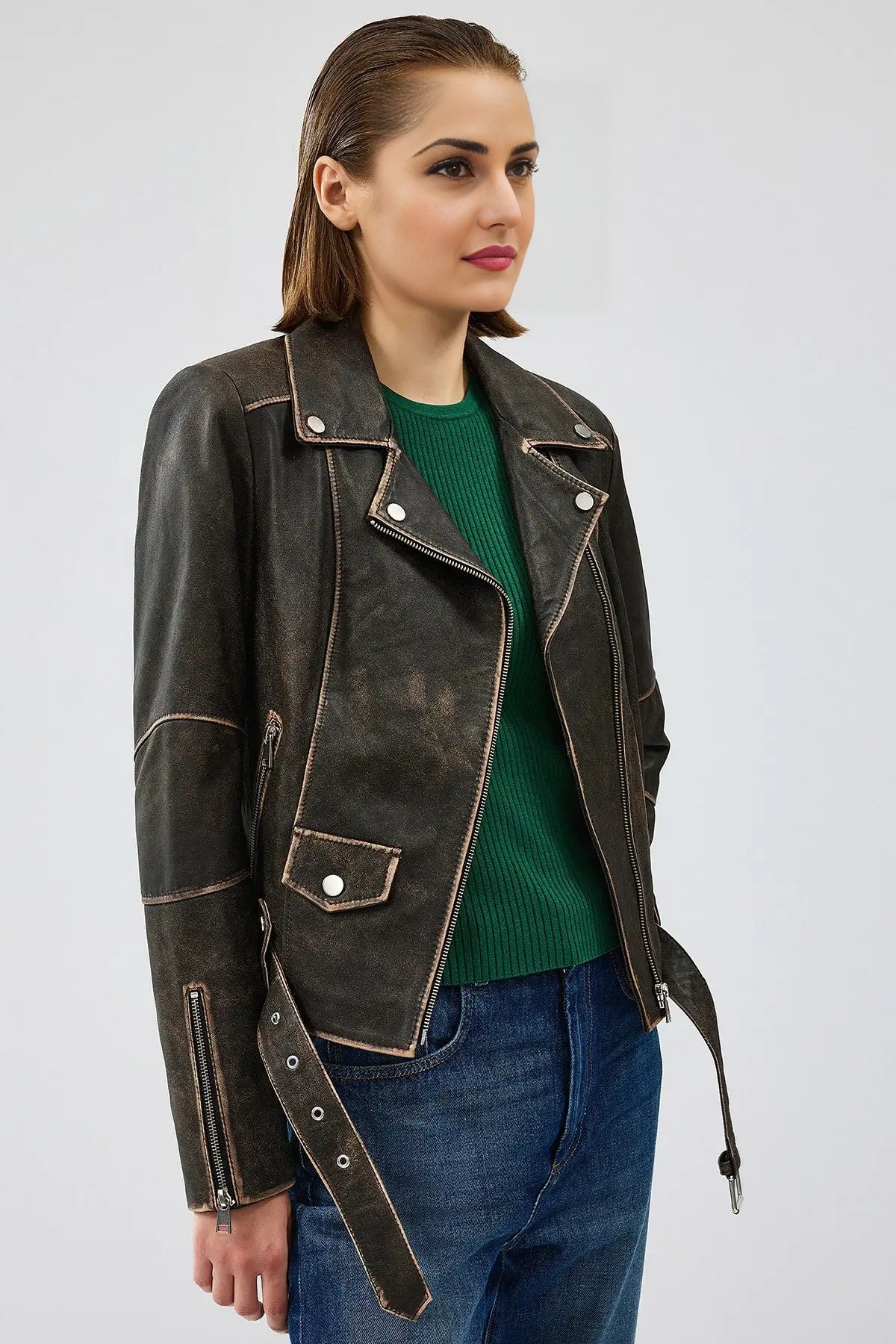 Martha Distressed Brown Biker Leather Jacket for Women