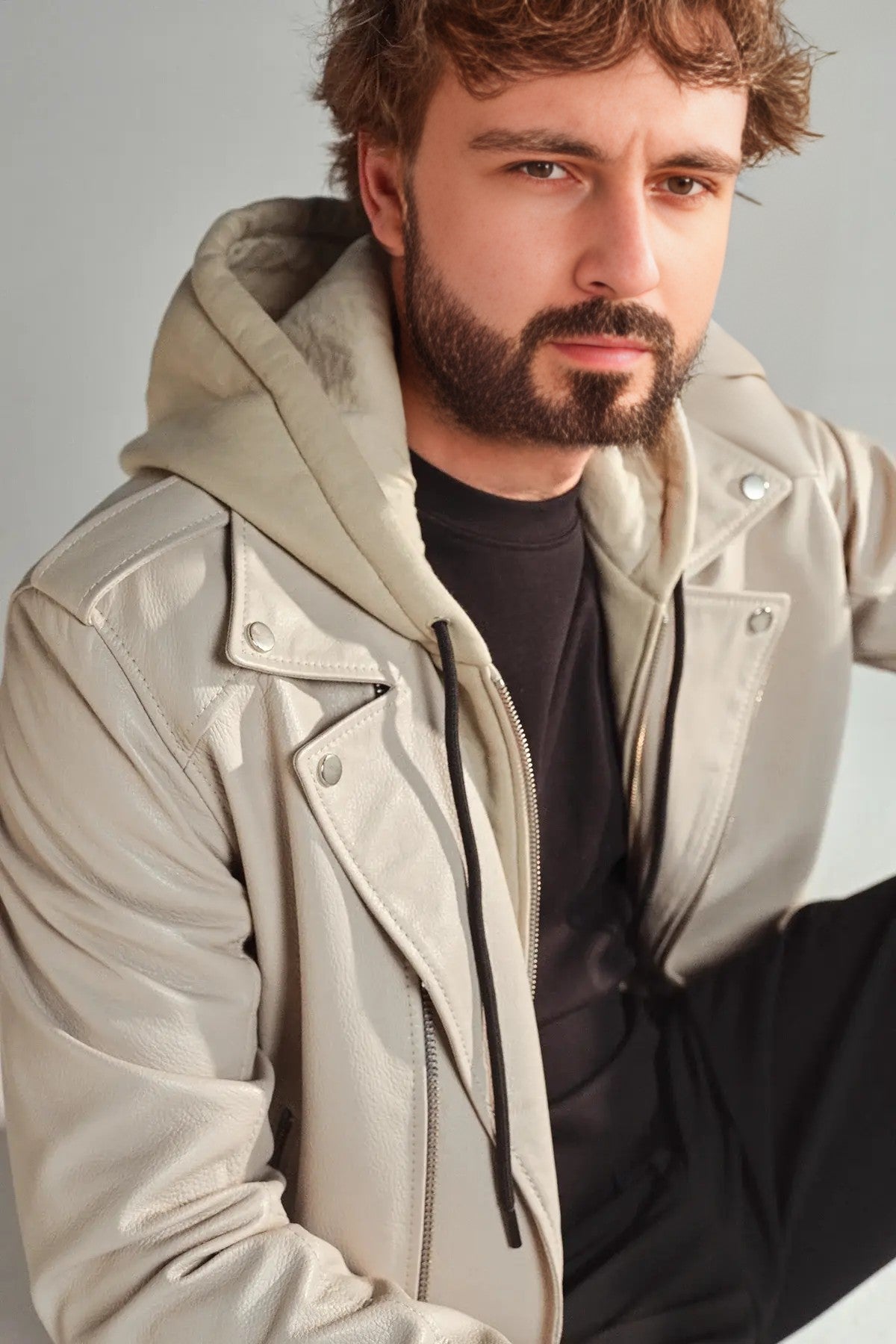 VantaRider Men's Beige Hooded Biker Leather Jacket