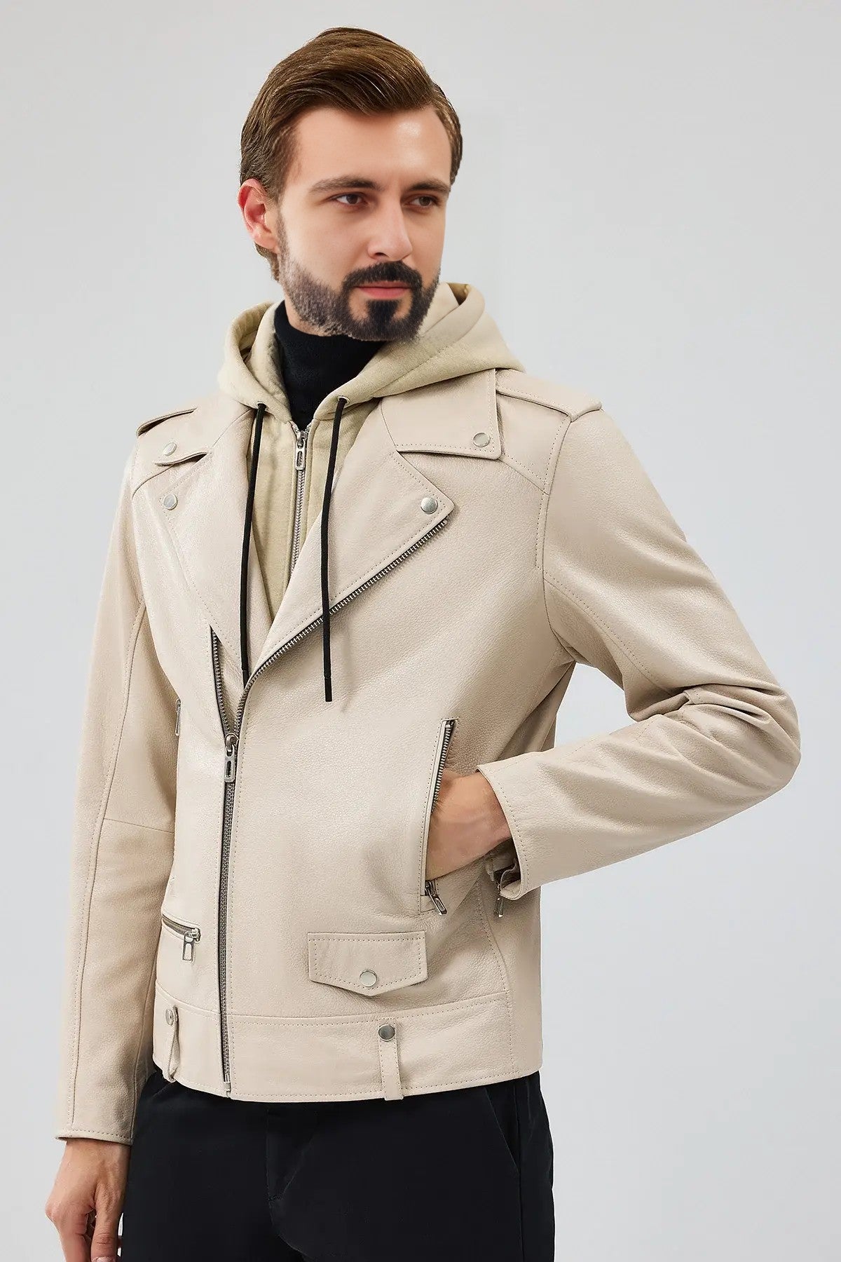 VantaRider Men's Beige Hooded Biker Leather Jacket