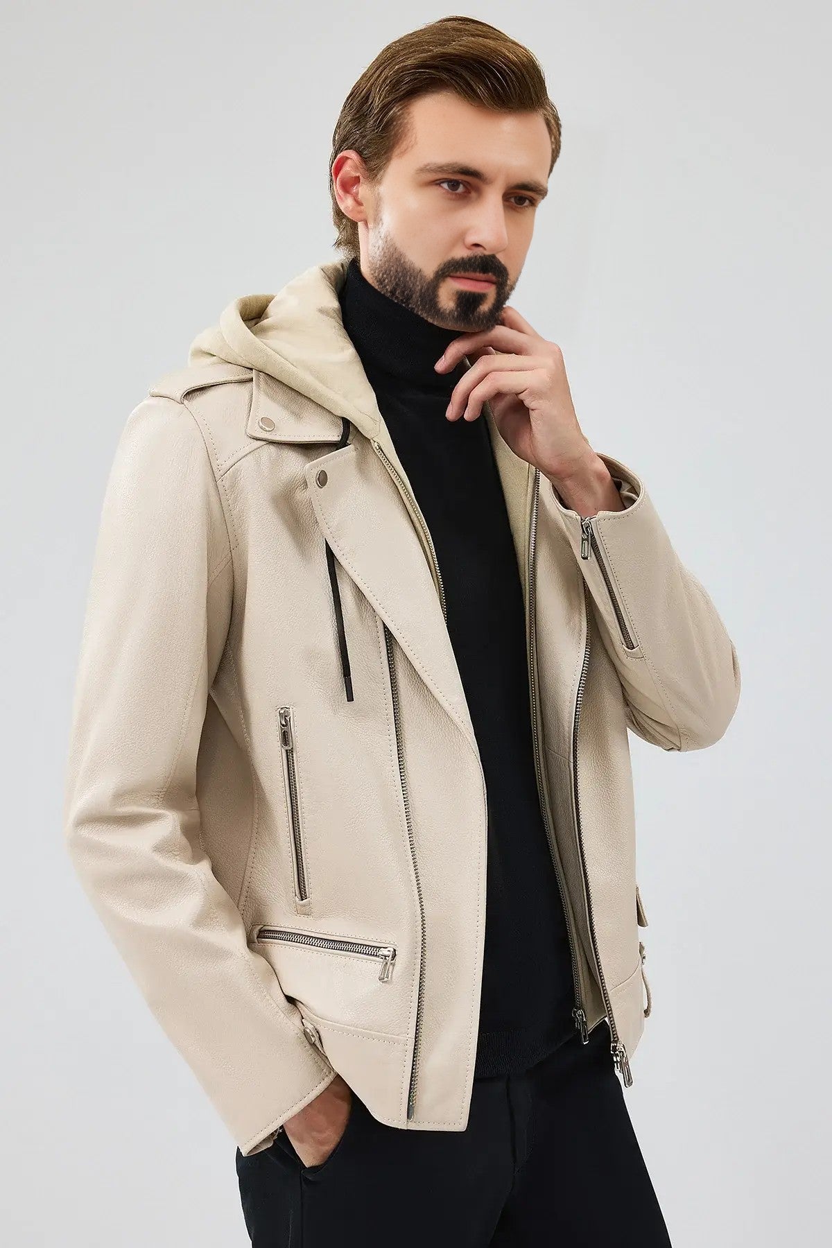 VantaRider Men's Beige Hooded Biker Leather Jacket
