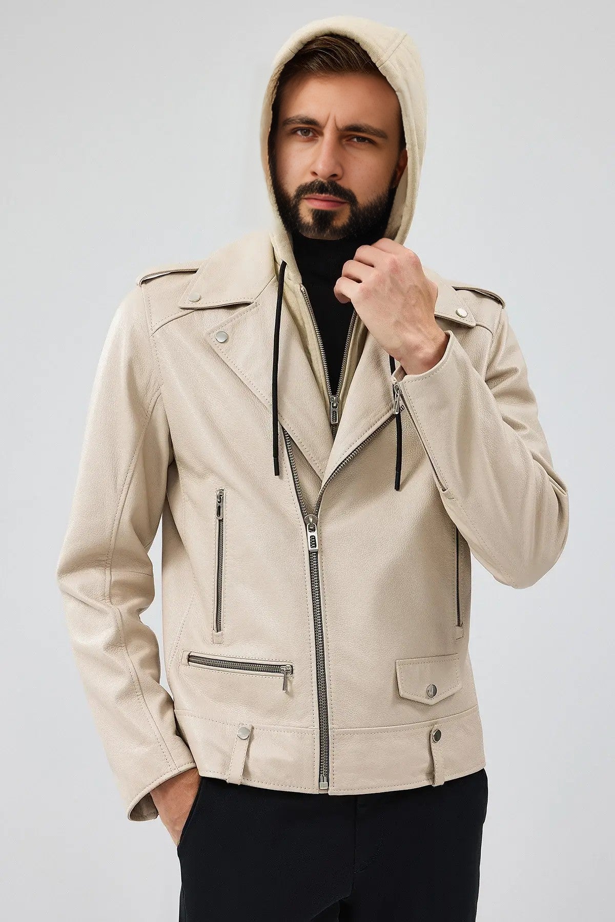 VantaRider Men's Beige Hooded Biker Leather Jacket