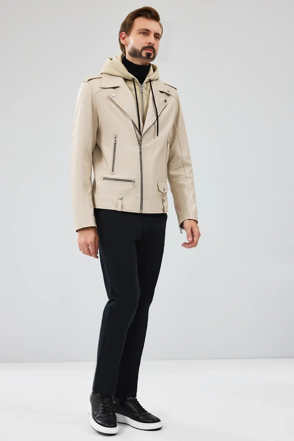 VantaRider Men's Beige Hooded Biker Leather Jacket