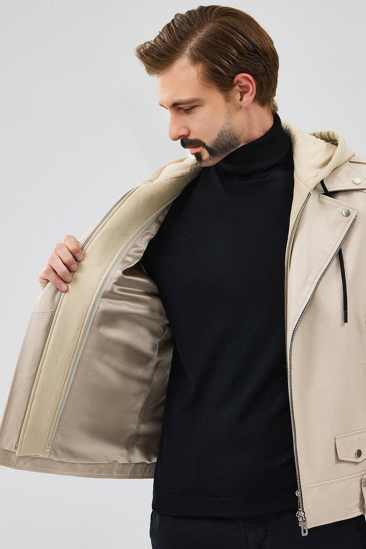 VantaRider Men's Beige Hooded Biker Leather Jacket