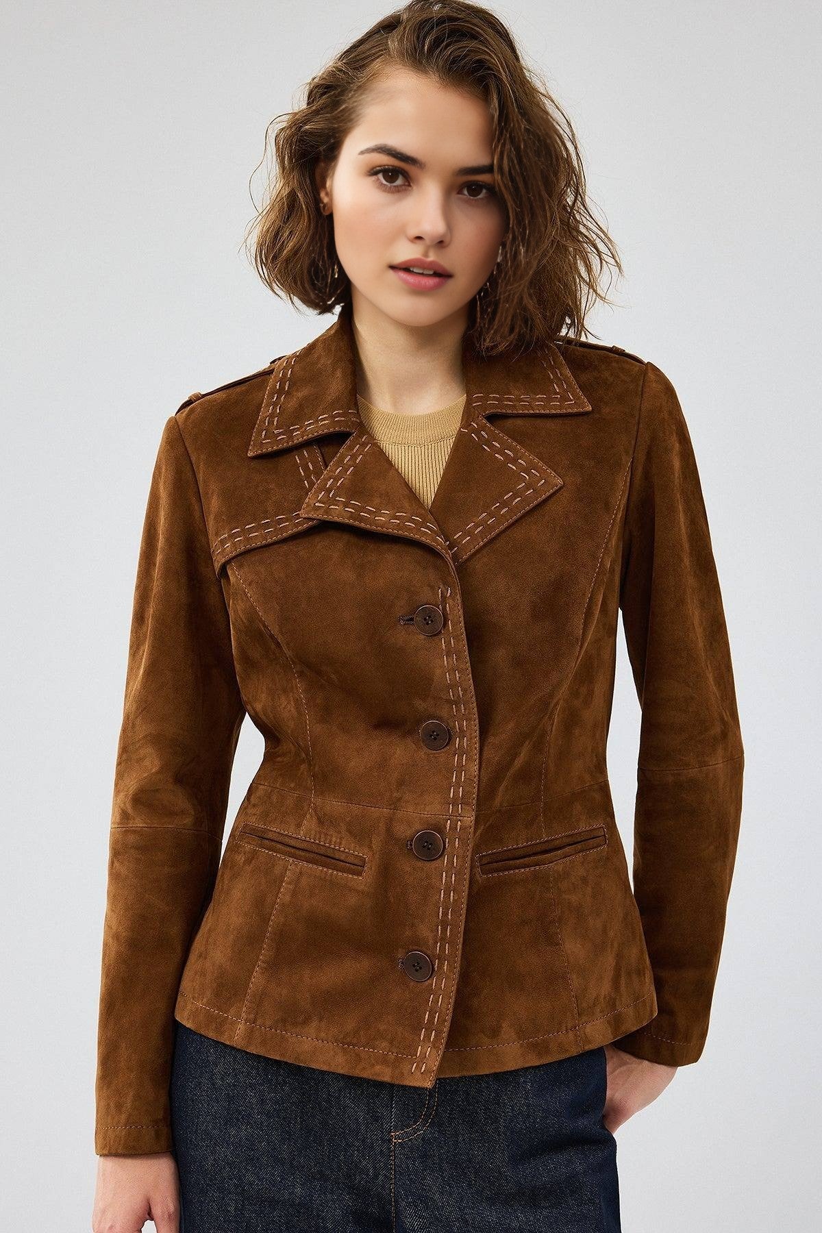 Women's Classic Suede Blazer with Contrast Stitching