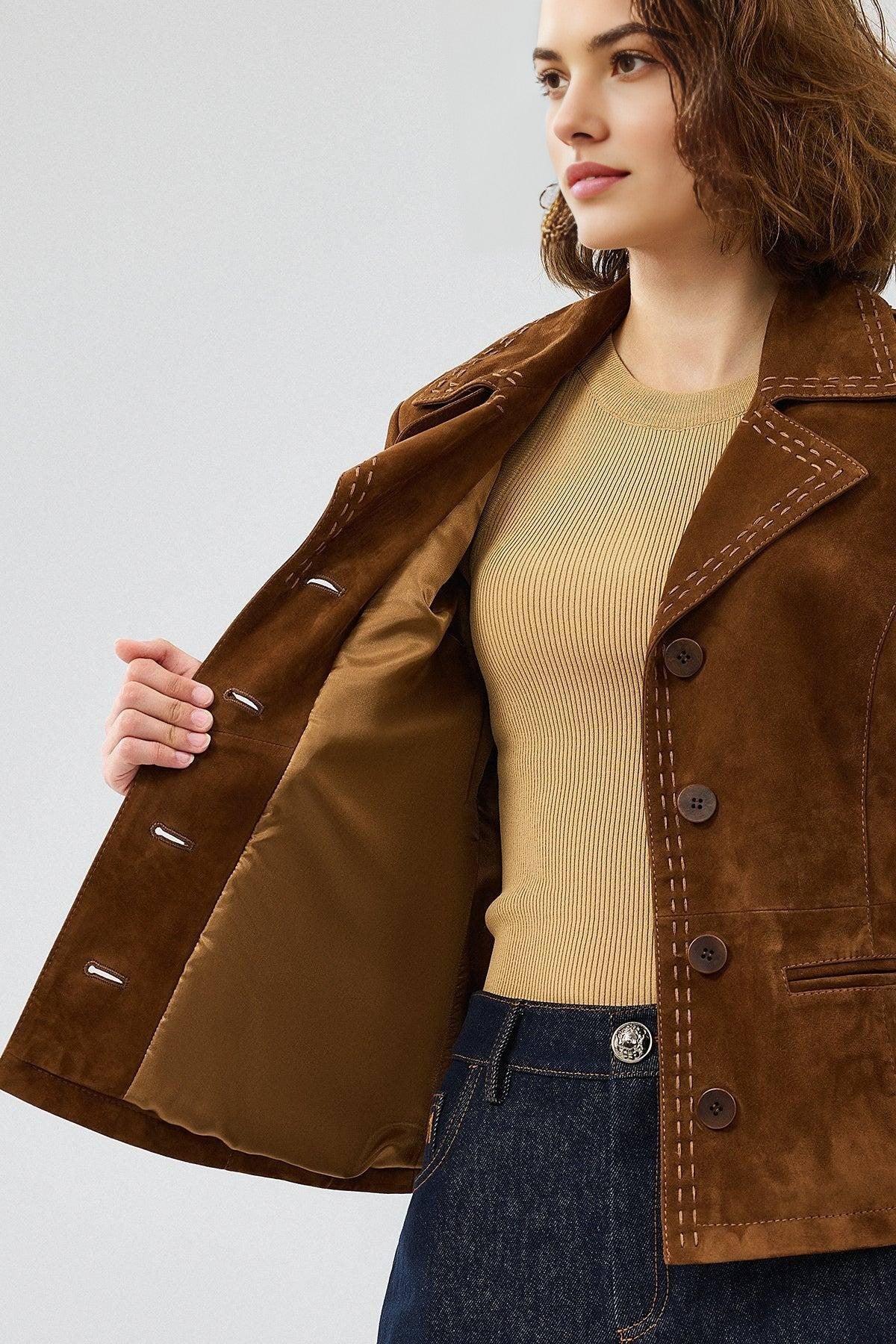 Women's Classic Suede Blazer with Contrast Stitching