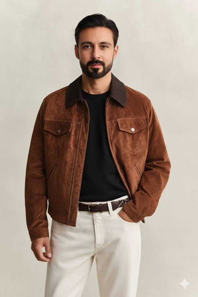 Heritage Luxe Brown Suede Trucker Jacket
