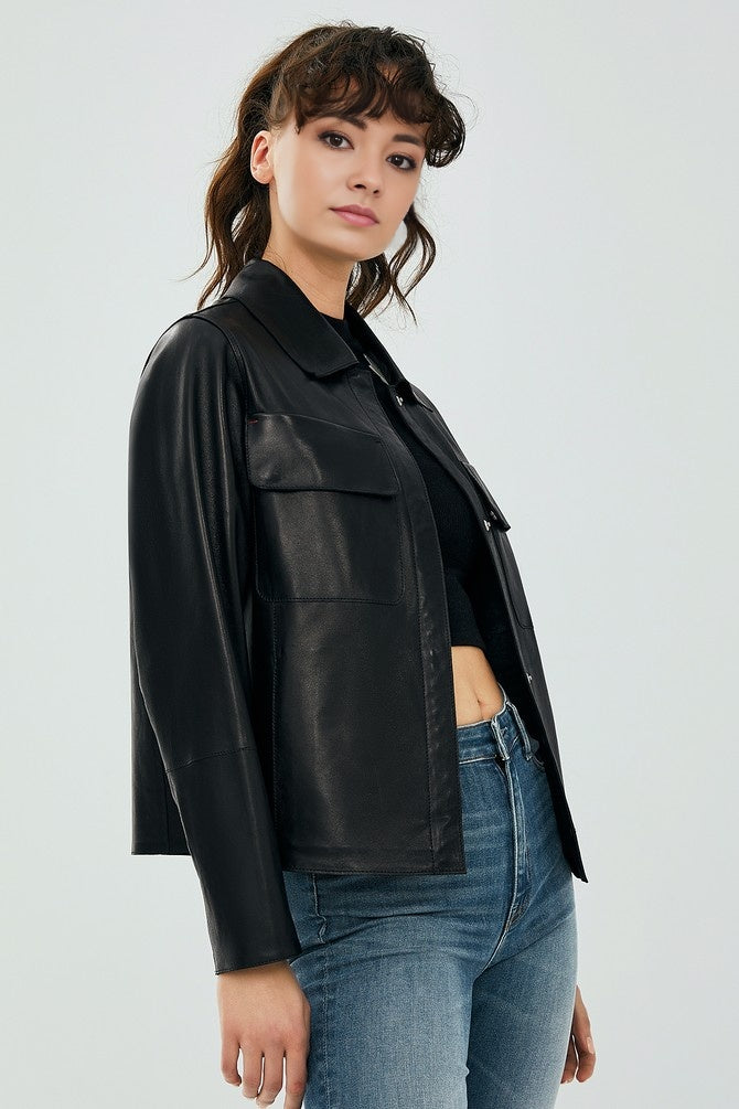 WOMEN BLACK LEATHER JACKET BUTTON CLOSER