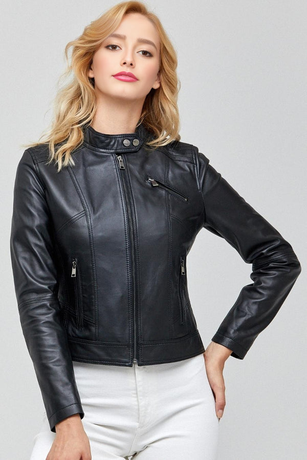 Street Style Motor Bike Black Leather Jacket For Women