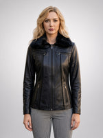 Linda Black Leather Jacket With Fur Collar  For Women