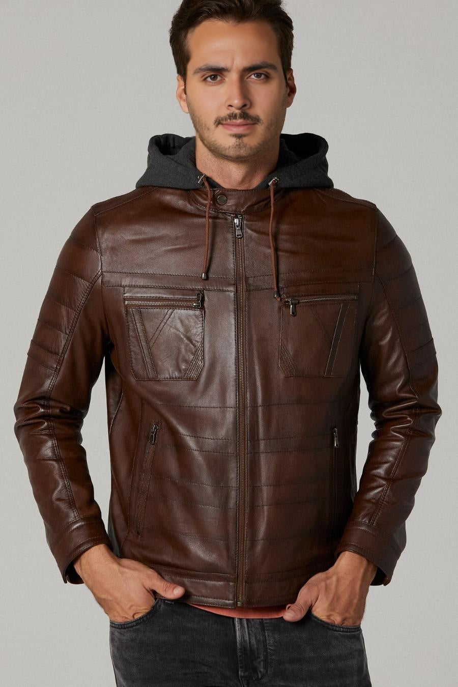 Winter Brown Leather hoodie Jacket For Men