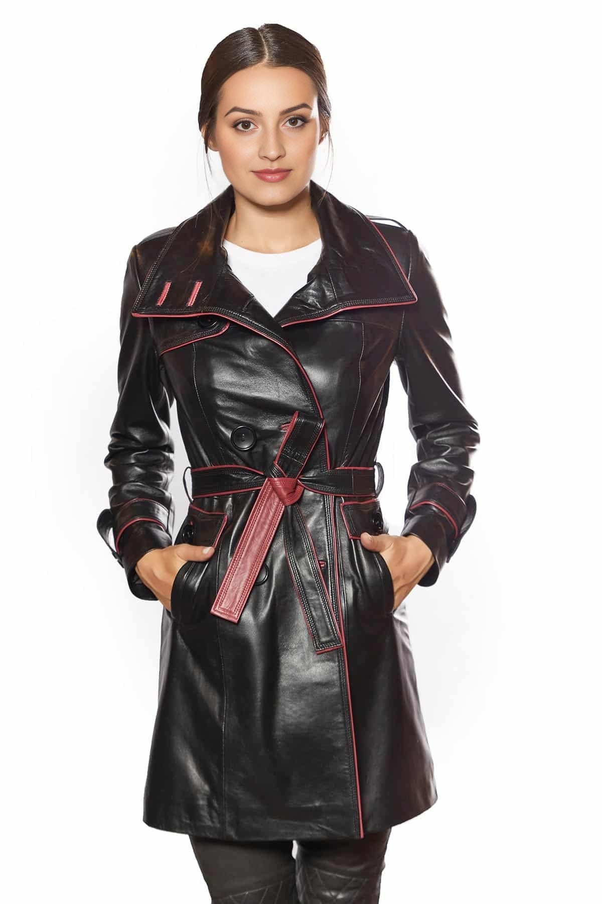 Liliana Black Stylish Red LIning Leather Coat For Women