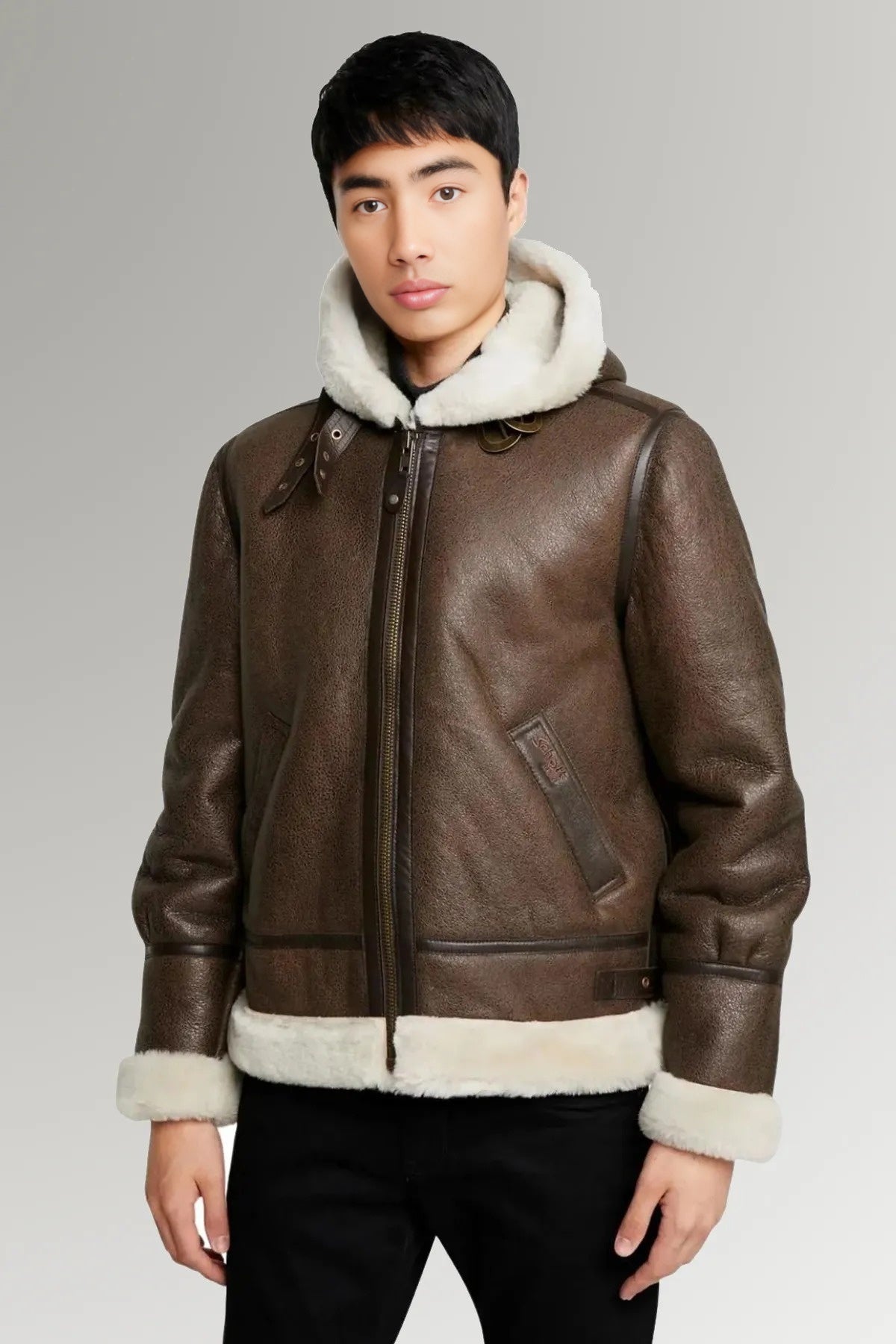Marcus Brown Fur Shearling Leather Jacket For Men With Fur Hood
