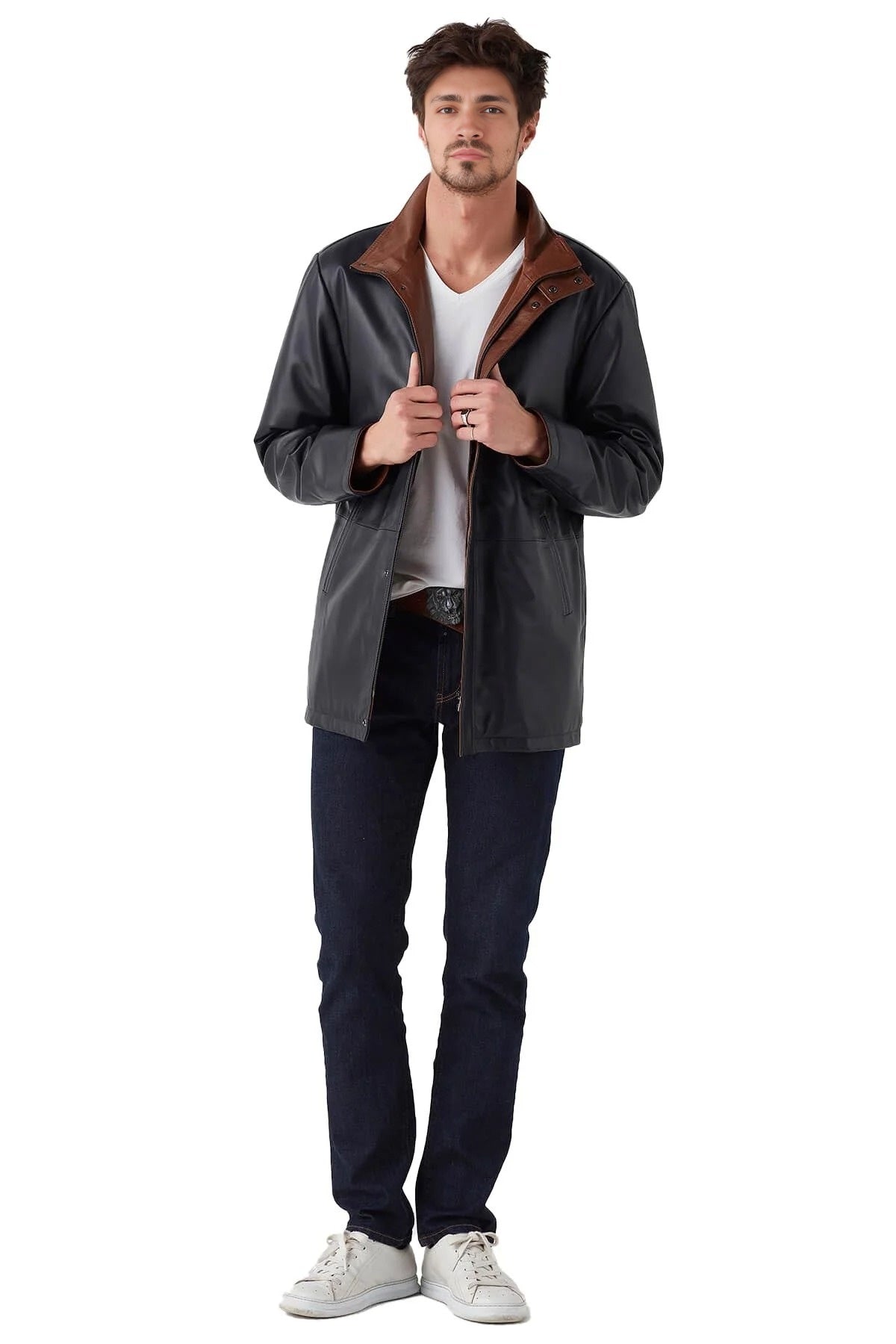 Xavier Black Long Leather Jacket For Men