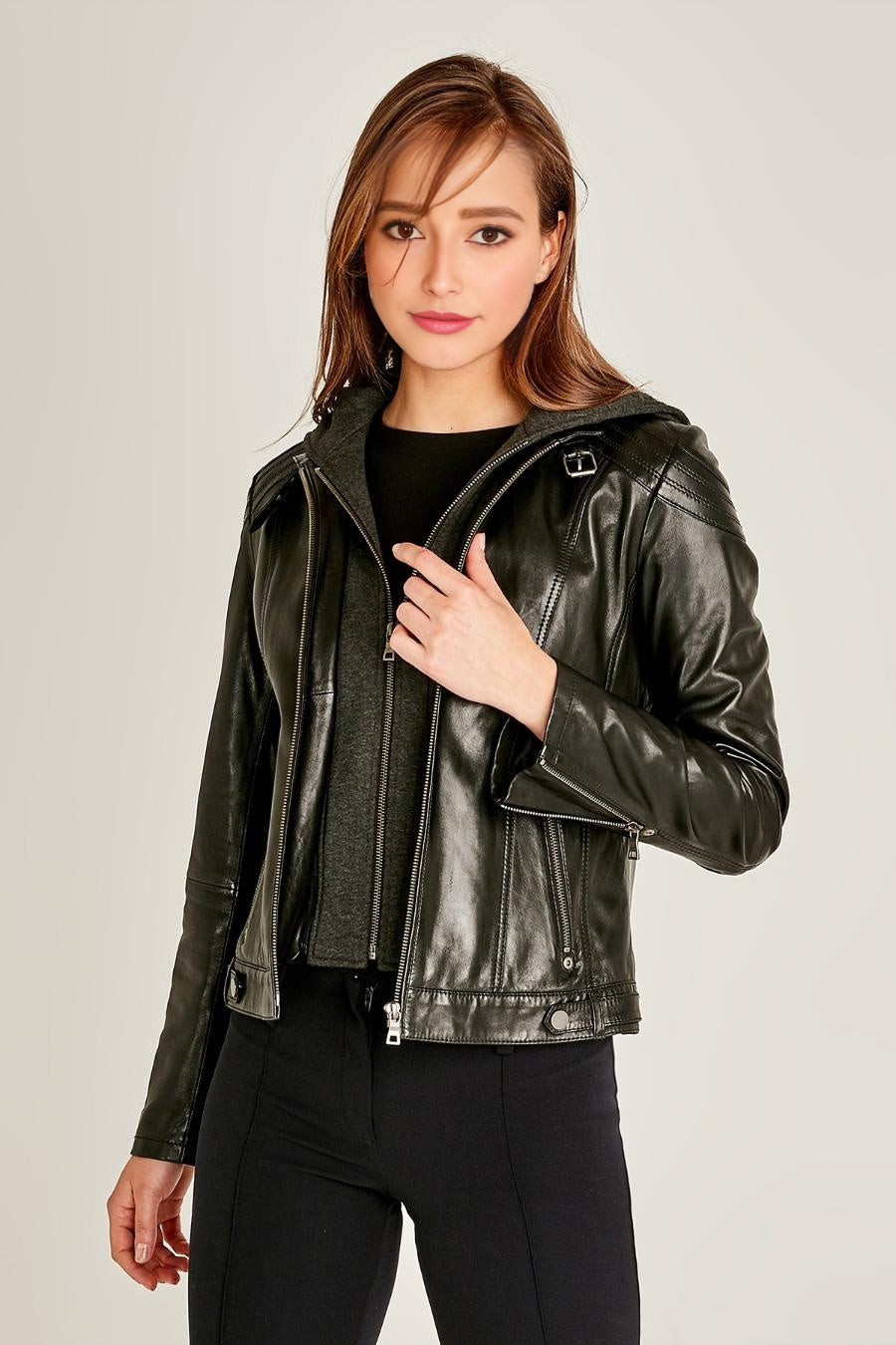 Vegas Black Motor Bike Leather Jacket With Hood For Women