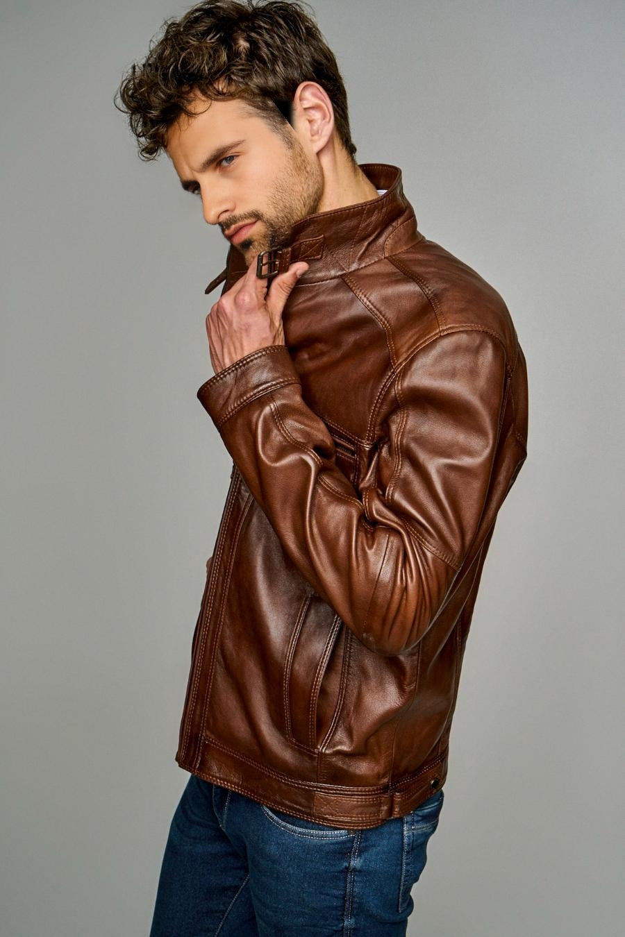 Brown Distressed High Collar Leather Jacket For Men