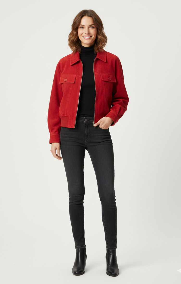 trendy-womens-red-suede-zipper-bomber-jacket