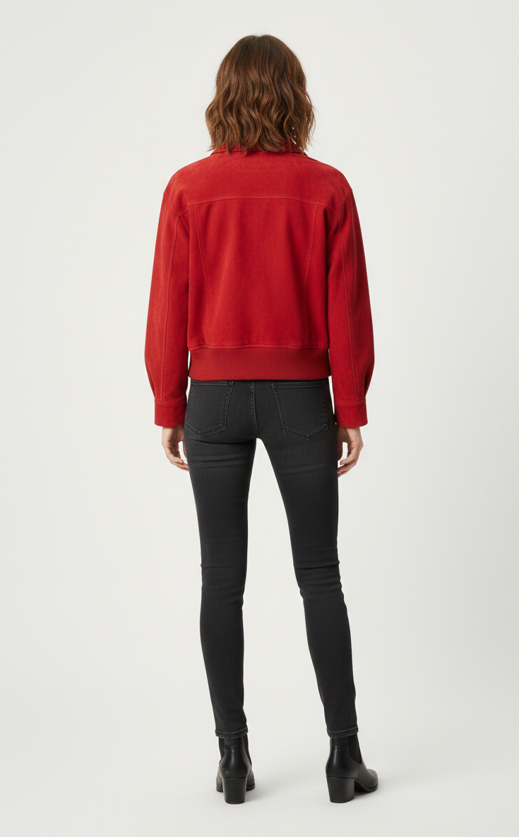 trendy-womens-red-suede-zipper-bomber-jacket