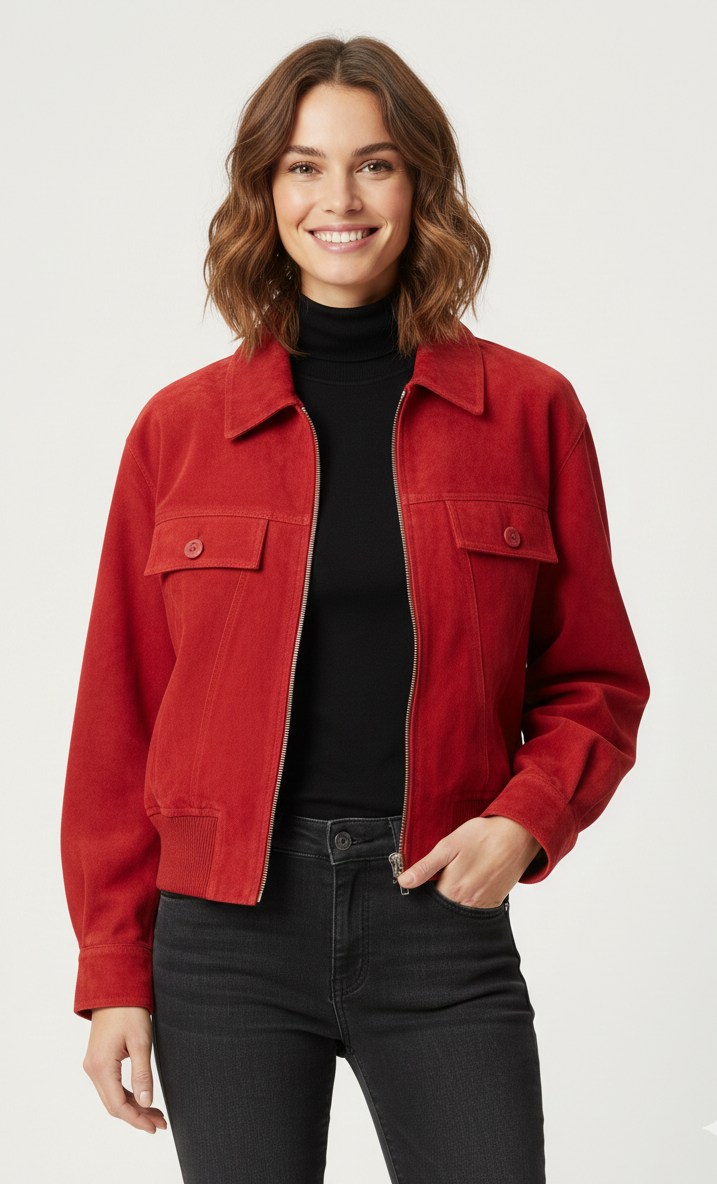 trendy-womens-red-suede-zipper-bomber-jacket