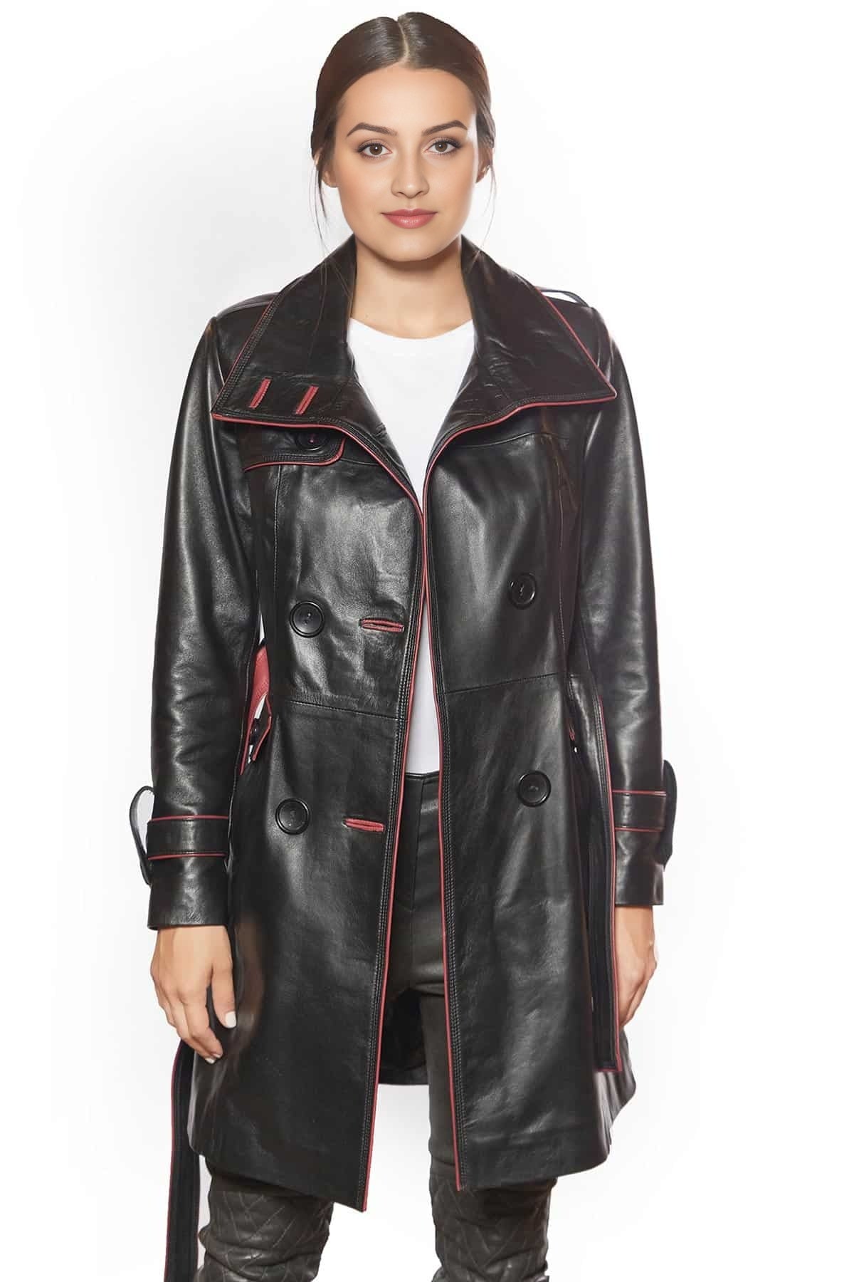 Liliana Black Stylish Red LIning Leather Coat For Women