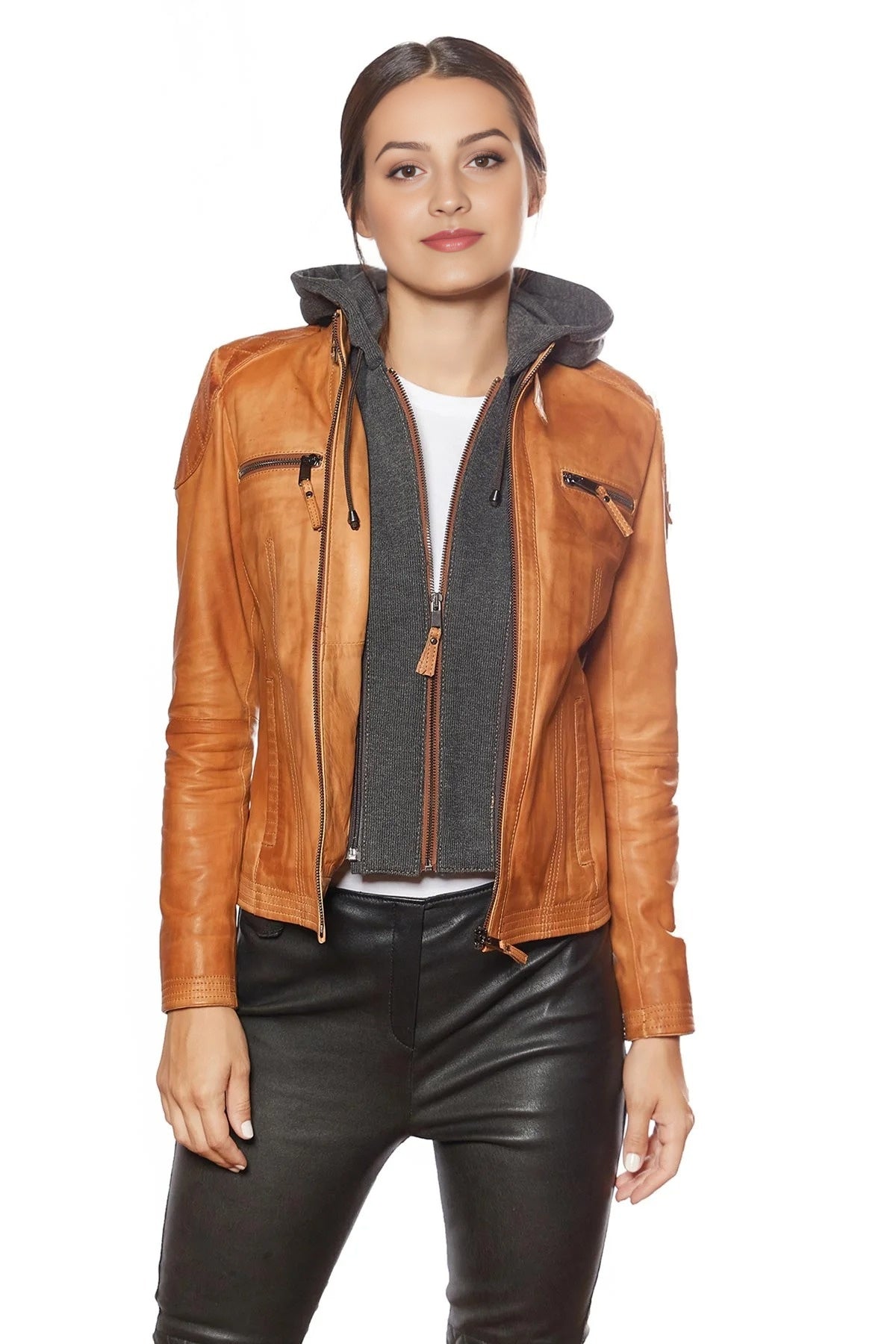 Katrina With Stylish Look Women Orange Leather Jacket With Hood