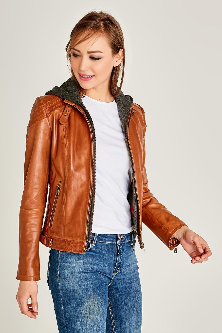 Vegas Stylish Brown Leather Hoodie Jacket For Women