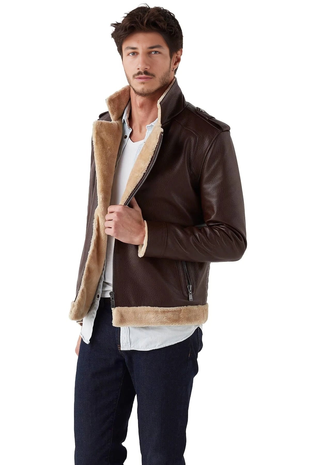 Damian Brown Fur Shearling Leather Jacket For Men
