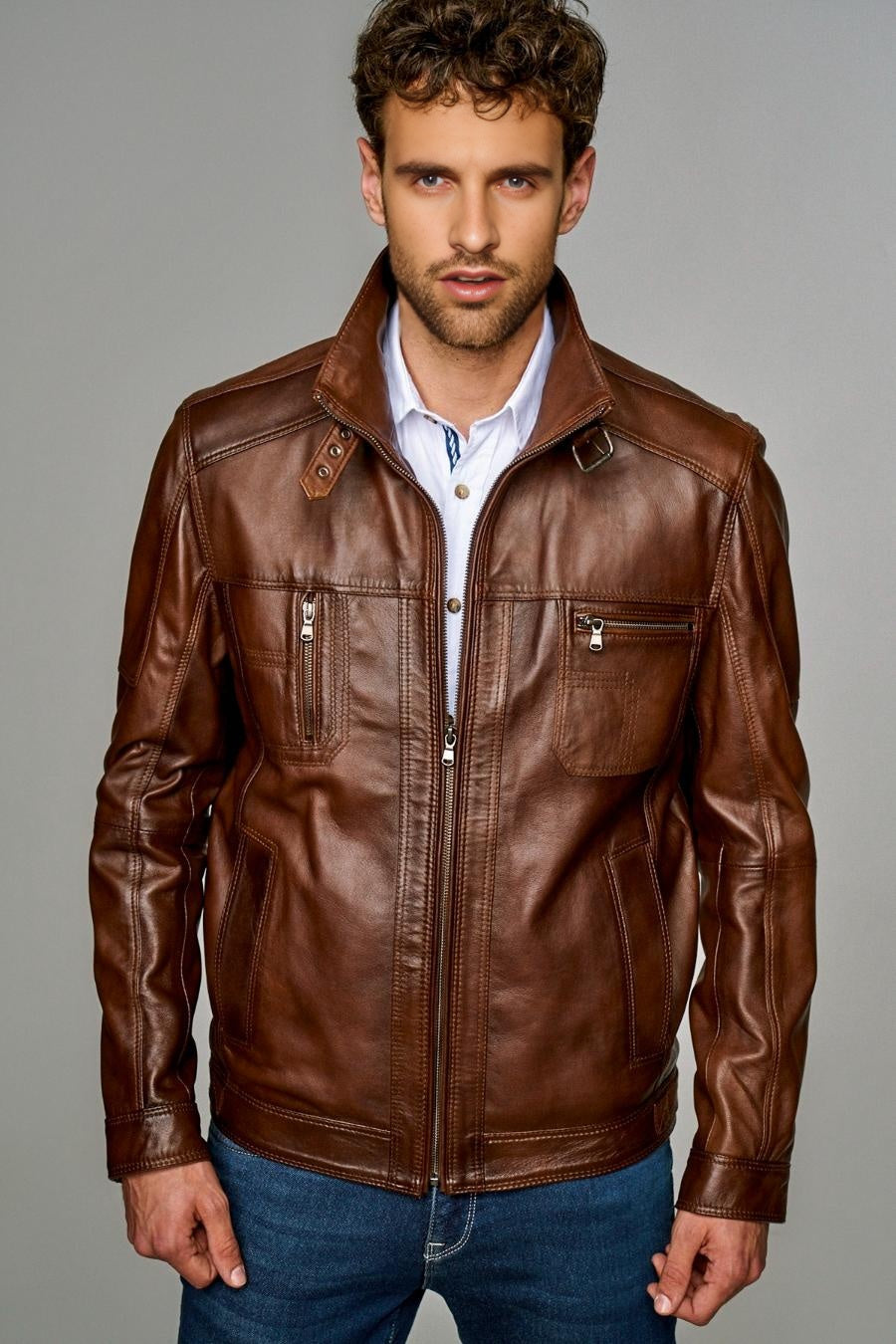 Brown Distressed High Collar Leather Jacket For Men