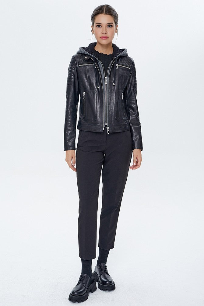 Women Black Leather Jacket With Zip Hood