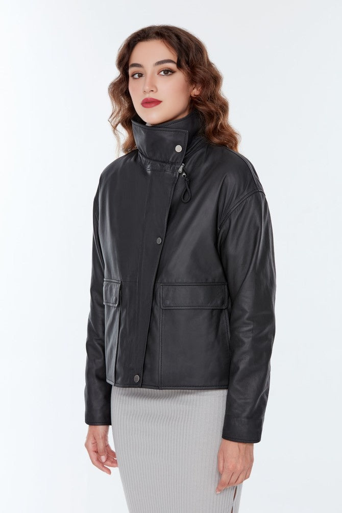 Black Nova Leather Jacket For Women's