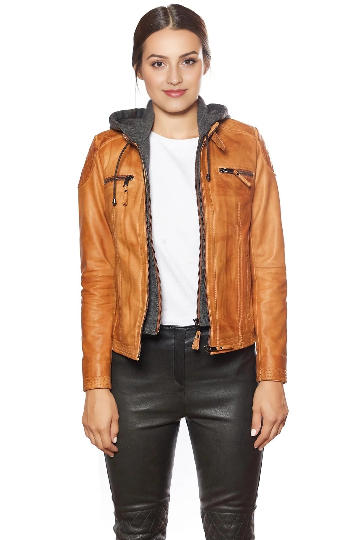 Katrina With Stylish Look Women Orange Leather Jacket With Hood
