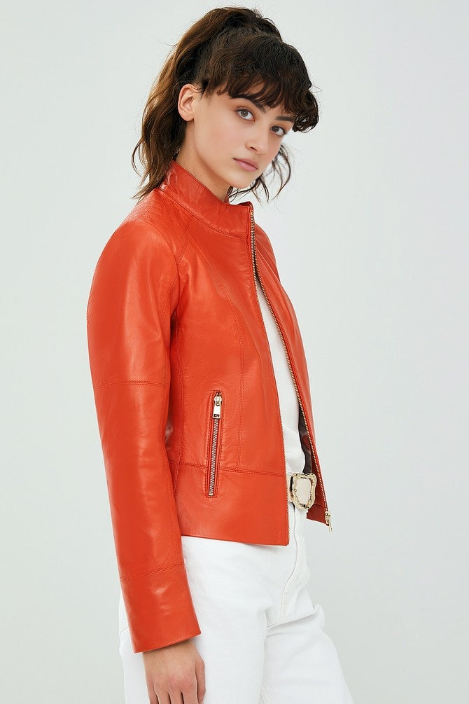 Mariahkay Orange Leather Jacket For Women