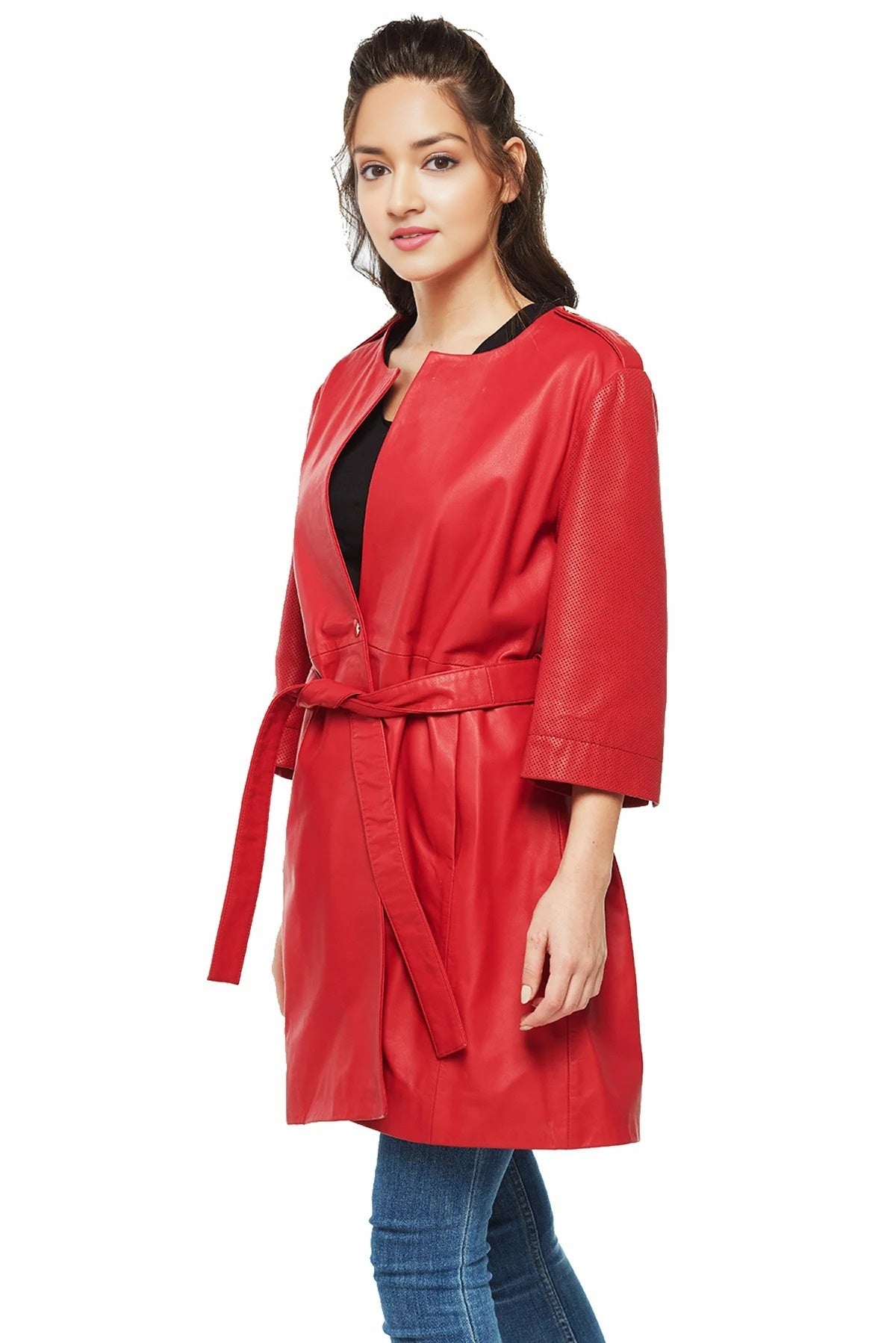 Lauren Red Center Belt Women Leather Coat